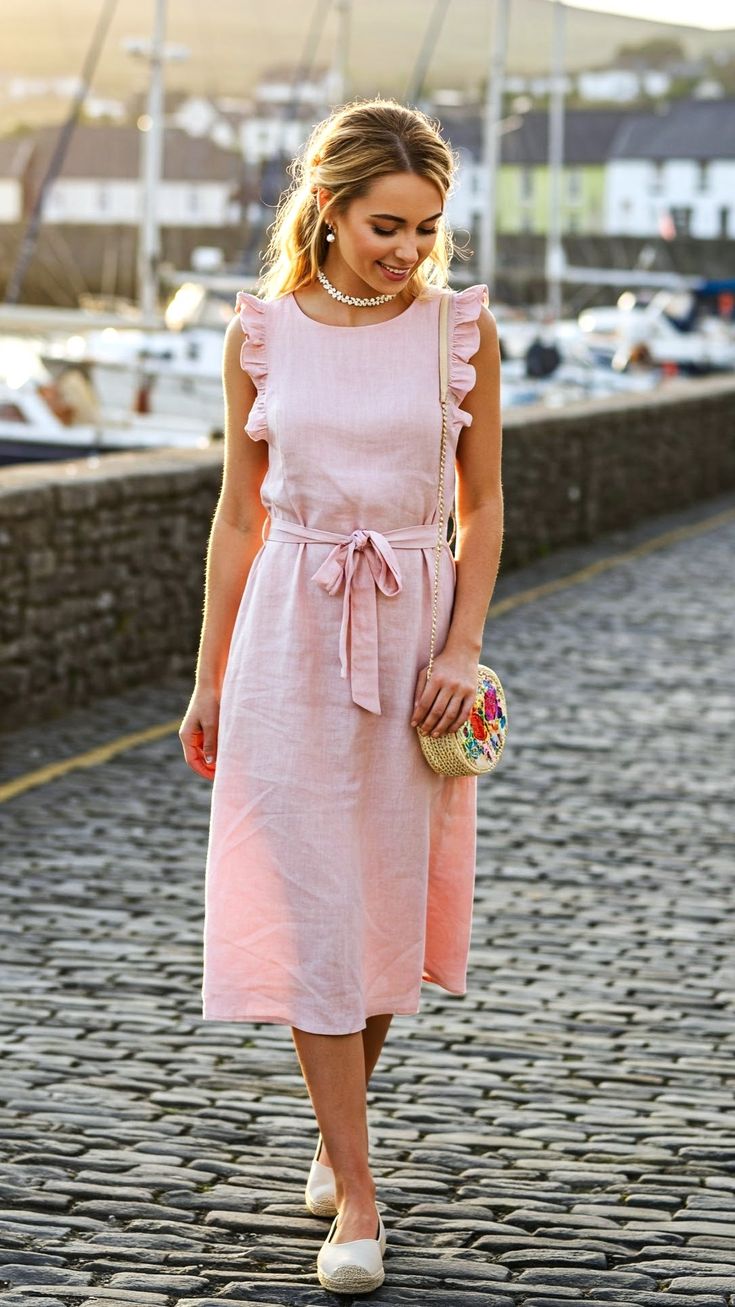 Pink Sleeveless Linen Midi Dress